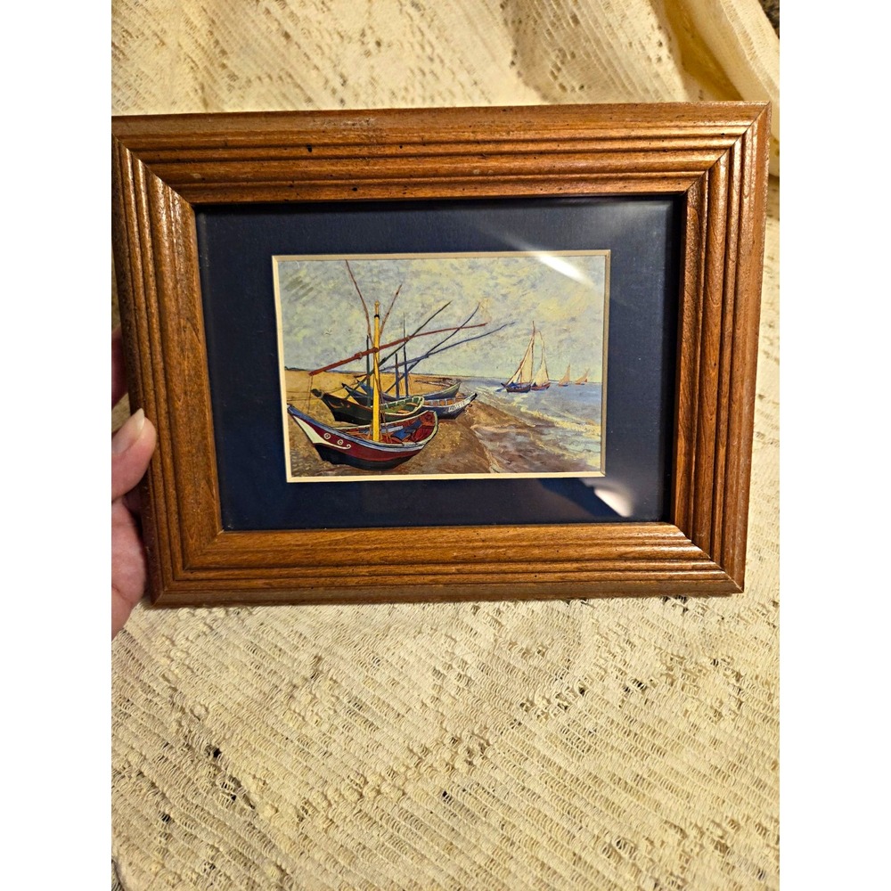 Vintage Tabletop Fishing Boats on the Beach by Van Gogh Framed Art